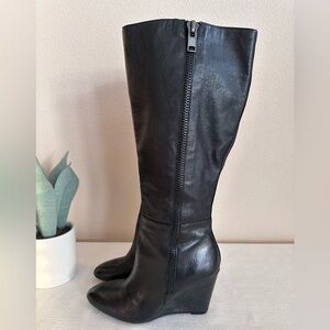 Steve Madden Black Leather Wedge Knee Height Side Zip Boots Women’s 7.5